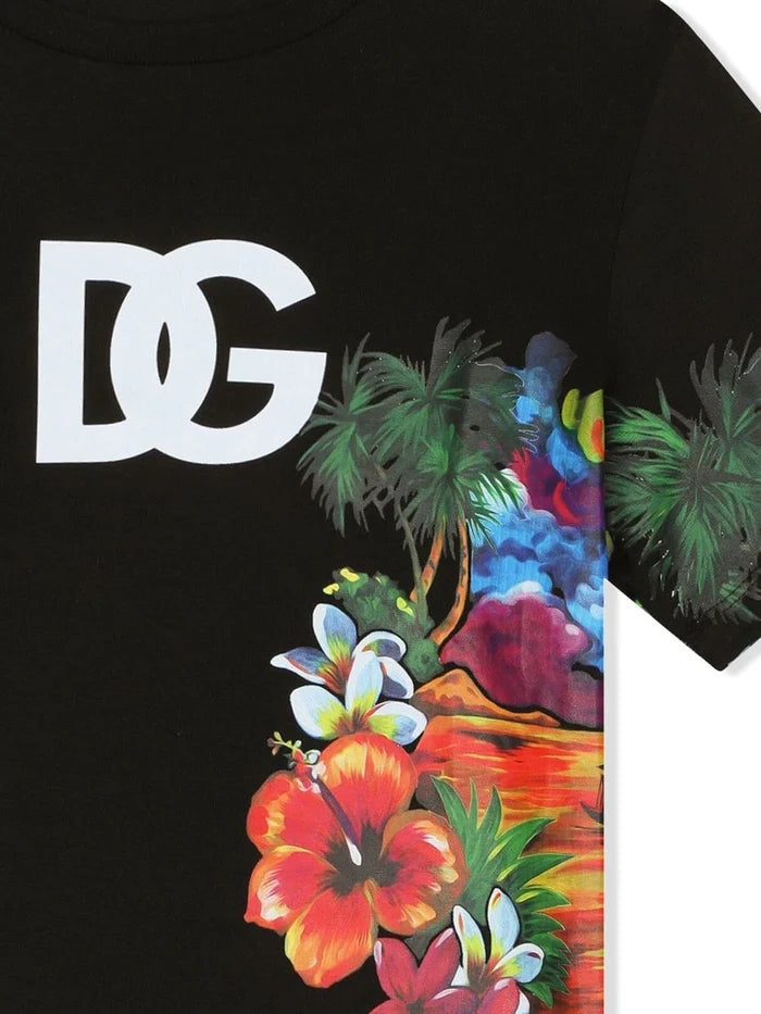 DOLCE & GABBANA KIDS Floral Print T-Shirt Black - MAISONDEFASHION.COM
