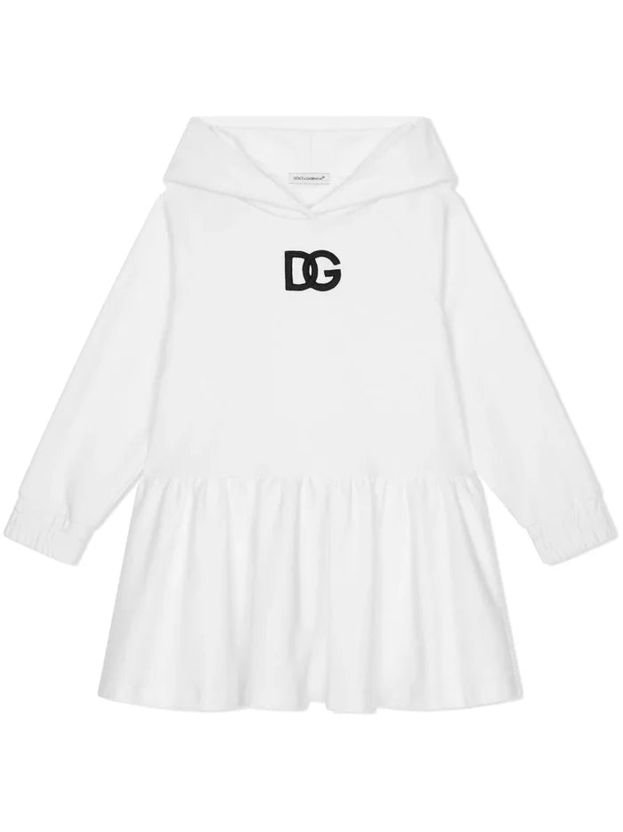 DOLCE & GABBANA KIDS Logo Embroidered Hooded Dress White - MAISONDEFASHION.COM