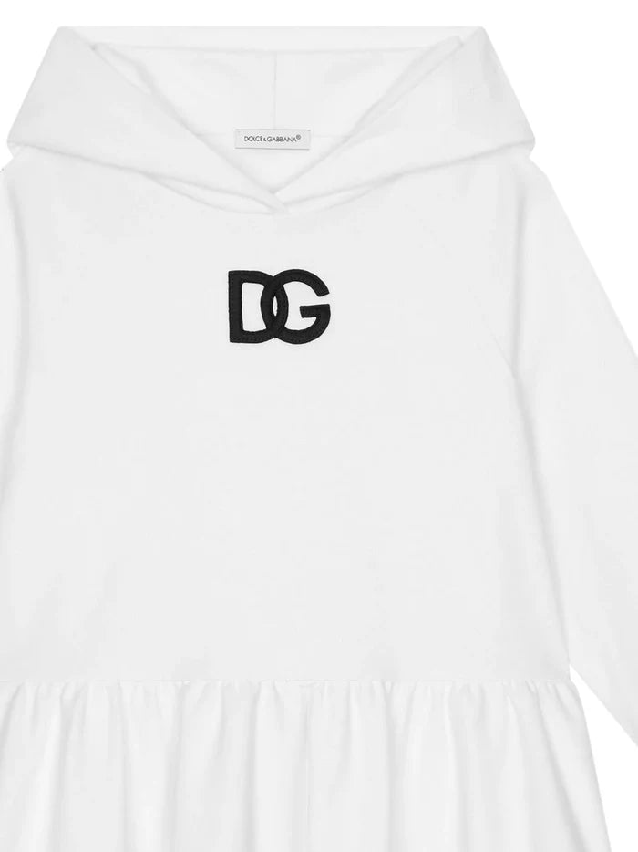 DOLCE & GABBANA KIDS Logo Embroidered Hooded Dress White - MAISONDEFASHION.COM