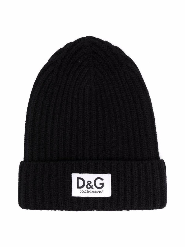 DOLCE & GABBANA KIDS Logo-patch ribbed beanie Black - MAISONDEFASHION.COM