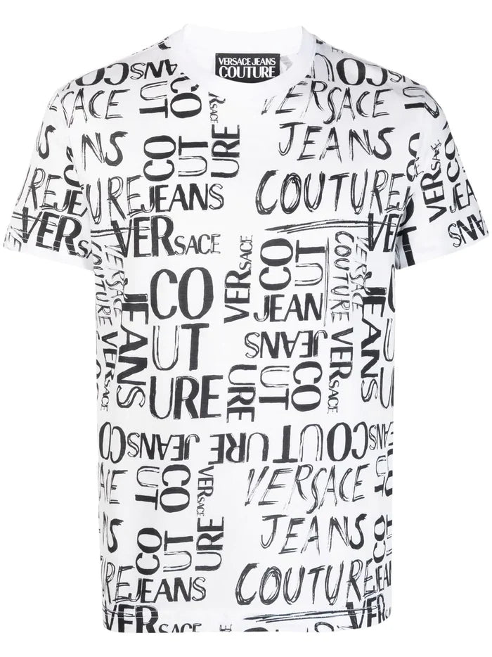 VERSACE MEN Doodle Logo Print T-Shirt White/Black - MAISONDEFASHION.COM