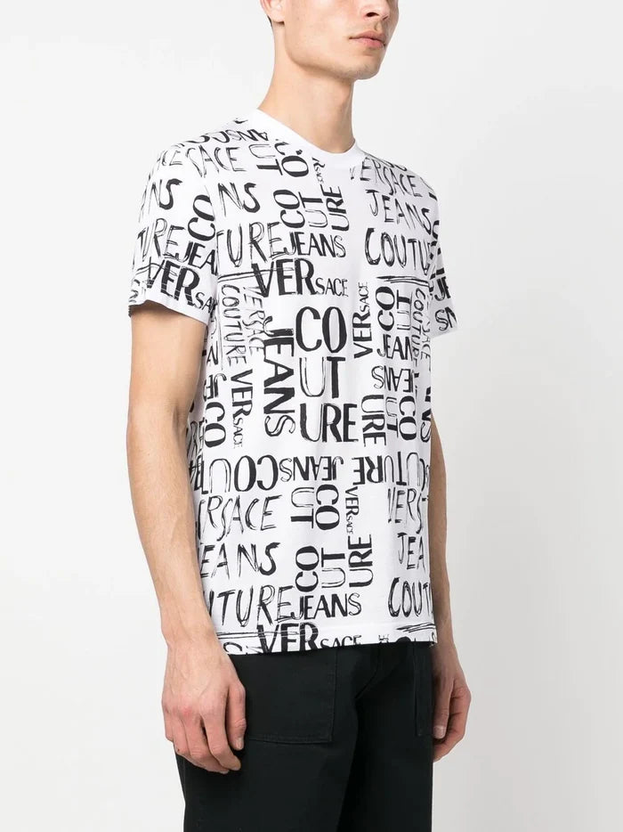 VERSACE MEN Doodle Logo Print T-Shirt White/Black - MAISONDEFASHION.COM