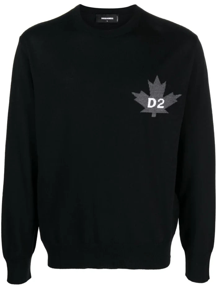 DSQUARED2 D2 Leaf Knitted Crewneck Sweatshirt Black - MAISONDEFASHION.COM