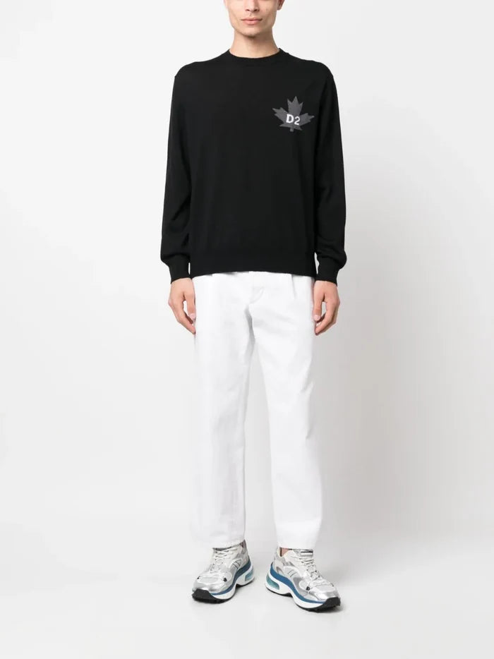 DSQUARED2 D2 Leaf Knitted Crewneck Sweatshirt Black - MAISONDEFASHION.COM