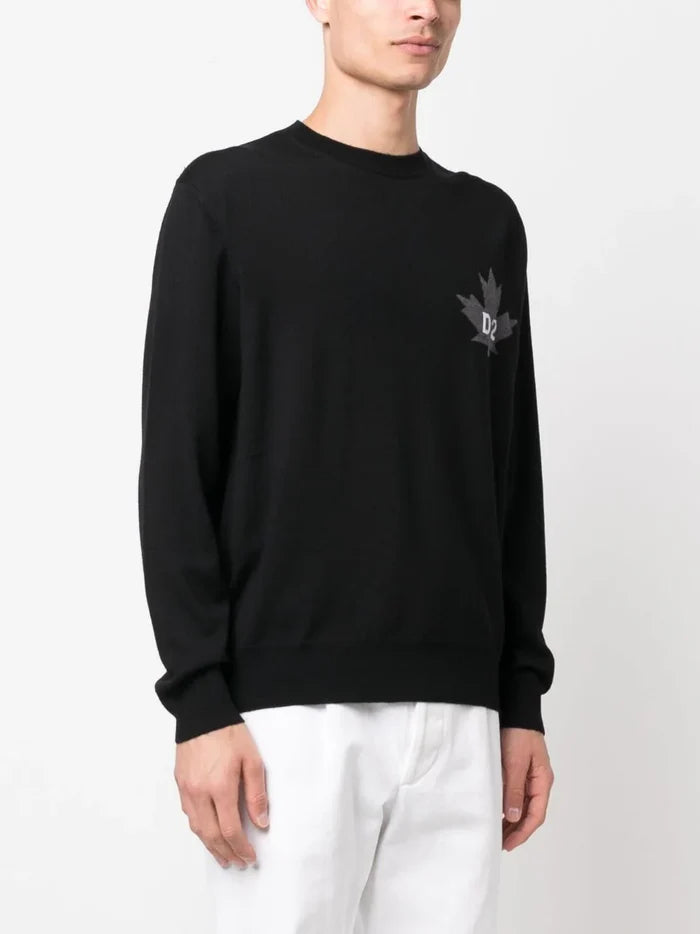 DSQUARED2 D2 Leaf Knitted Crewneck Sweatshirt Black - MAISONDEFASHION.COM