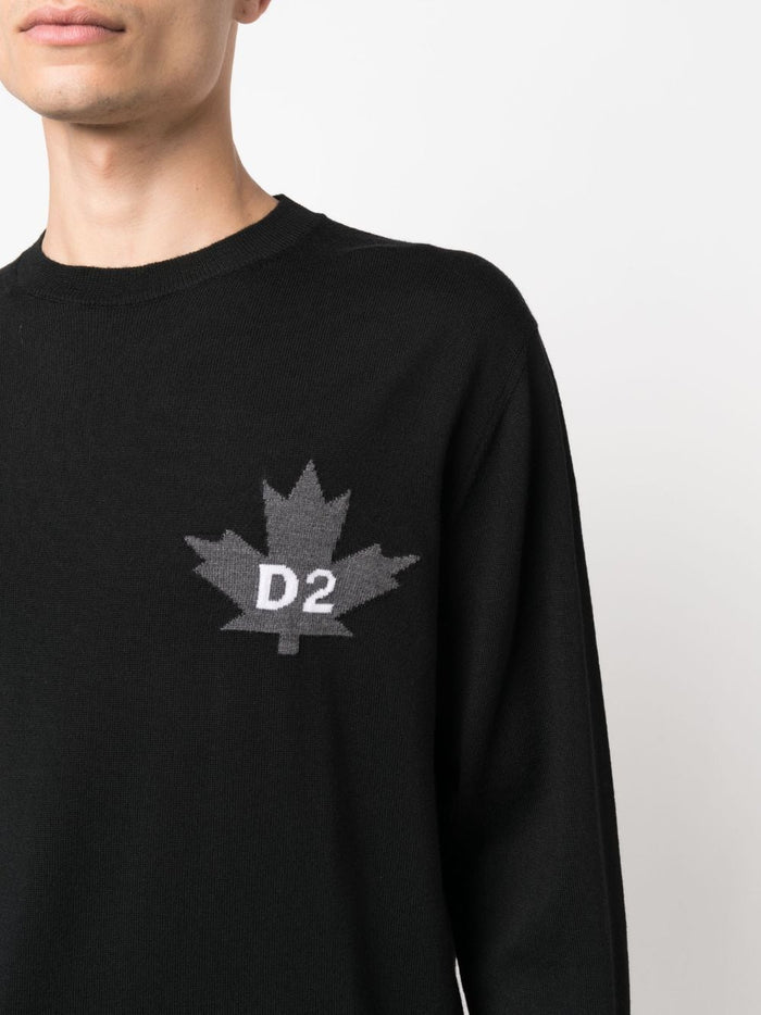 DSQUARED2 D2 Leaf Knitted Crewneck Sweatshirt Black - MAISONDEFASHION.COM