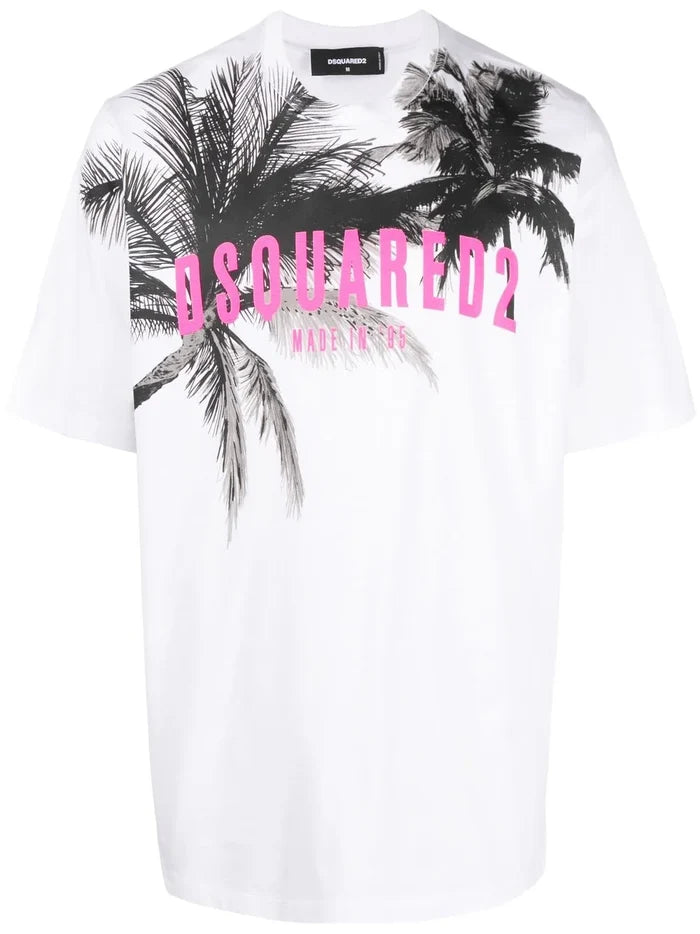 DSQUARED2 D2 Palms Slouch T-Shirt White - MAISONDEFASHION.COM