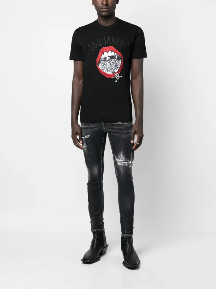 DSQUARED2 MEN Graphic Print Cotton T-Shirt Black - MAISONDEFASHION.COM
