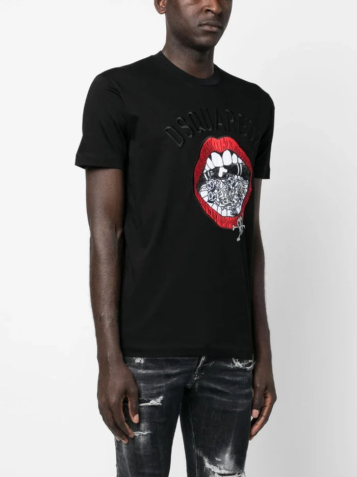 DSQUARED2 MEN Graphic Print Cotton T-Shirt Black - MAISONDEFASHION.COM