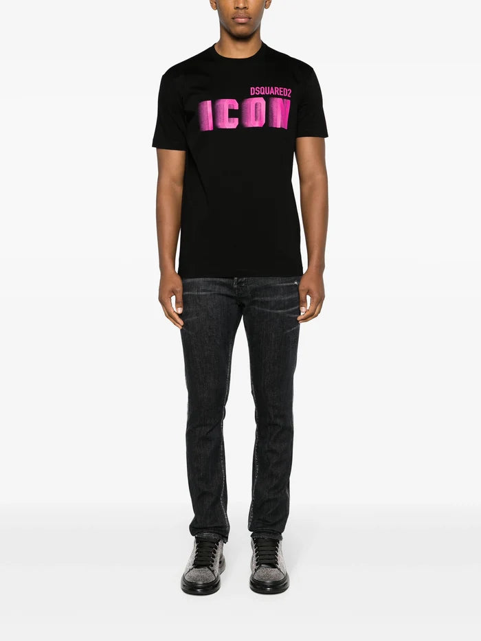 DSQUARED2 Icon Blur Cool Fit Cotton T-shirt Black/Fluo Pink - MAISONDEFASHION.COM