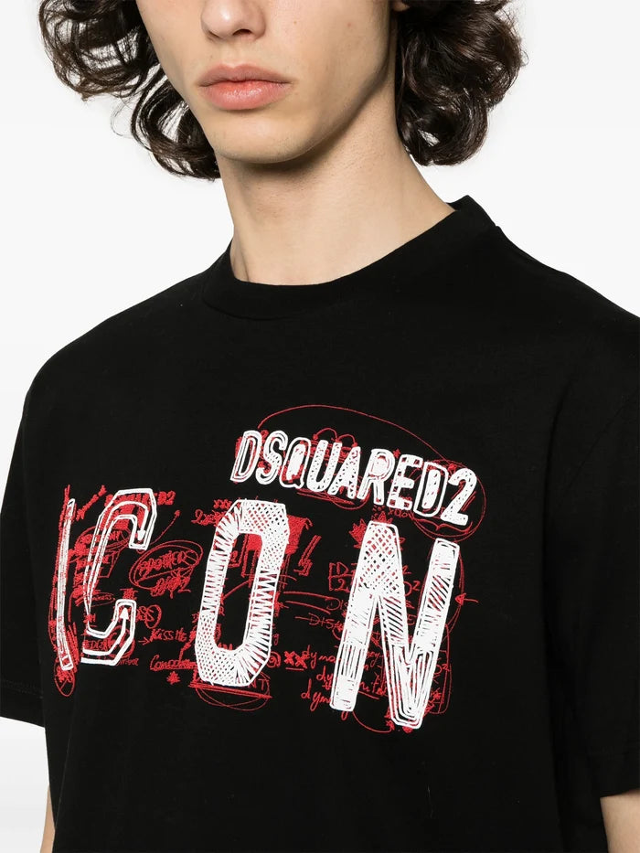 DSQUARED2 Icon Scribble Cool Fit Cotton T-shirt Black - MAISONDEFASHION.COM