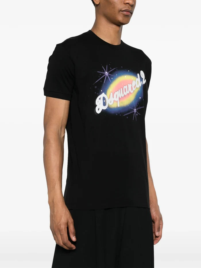 DSQUARED2 Logo Graphic Print Cotton T-Shirt Black - MAISONDEFASHION.COM