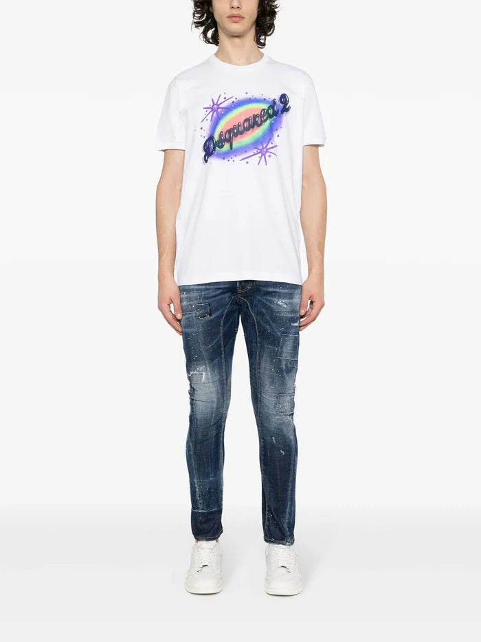 DSQUARED2 Logo Graphic Print Cotton T-Shirt White - MAISONDEFASHION.COM
