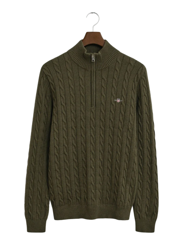 GANT Cotton Cable Knit Half-Zip Sweater Khaki Green Melange - MAISONDEFASHION.COM