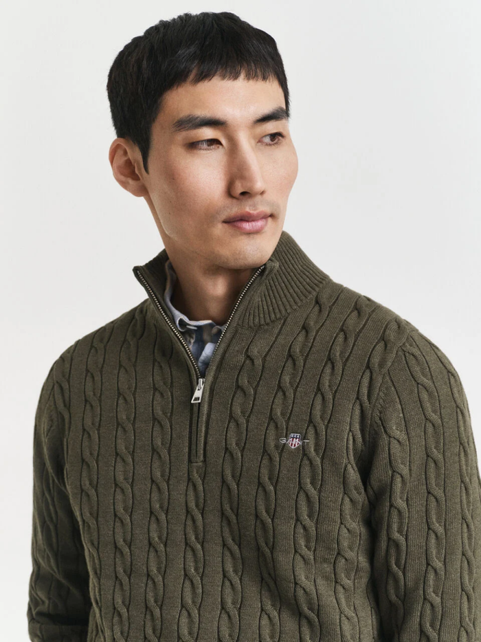 GANT Cotton Cable Knit Half-Zip Sweater Khaki Green Melange - MAISONDEFASHION.COM
