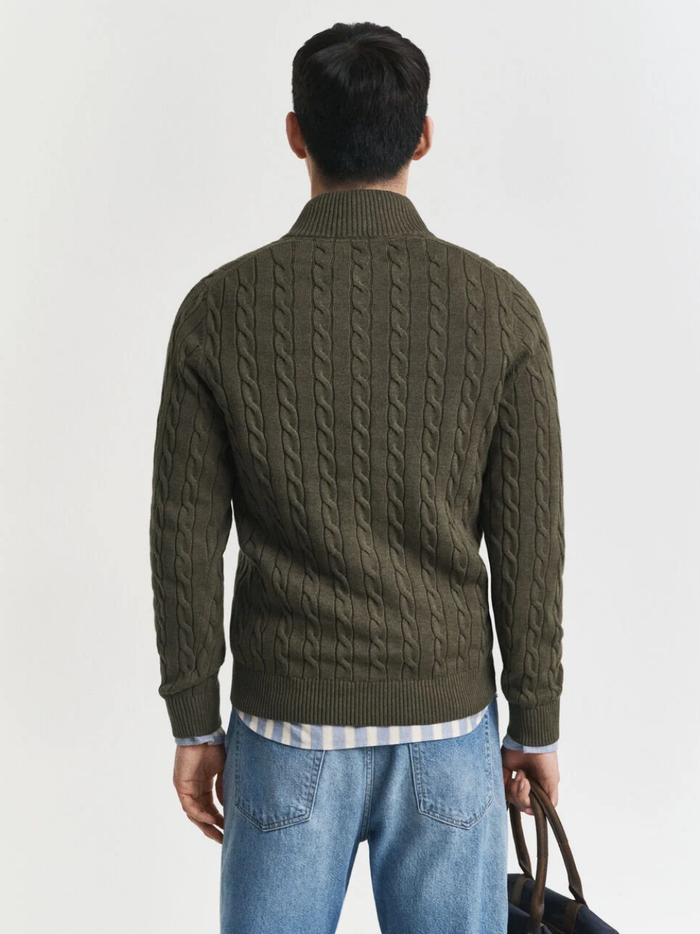 GANT Cotton Cable Knit Half-Zip Sweater Khaki Green Melange - MAISONDEFASHION.COM