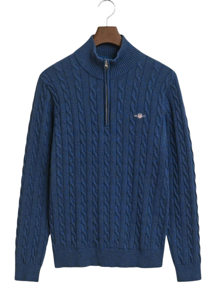 GANT Cotton Cable Knit Half-Zip Sweater Rich Navy - MAISONDEFASHION.COM