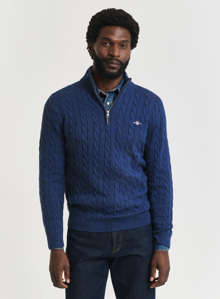 GANT Cotton Cable Knit Half-Zip Sweater Rich Navy - MAISONDEFASHION.COM
