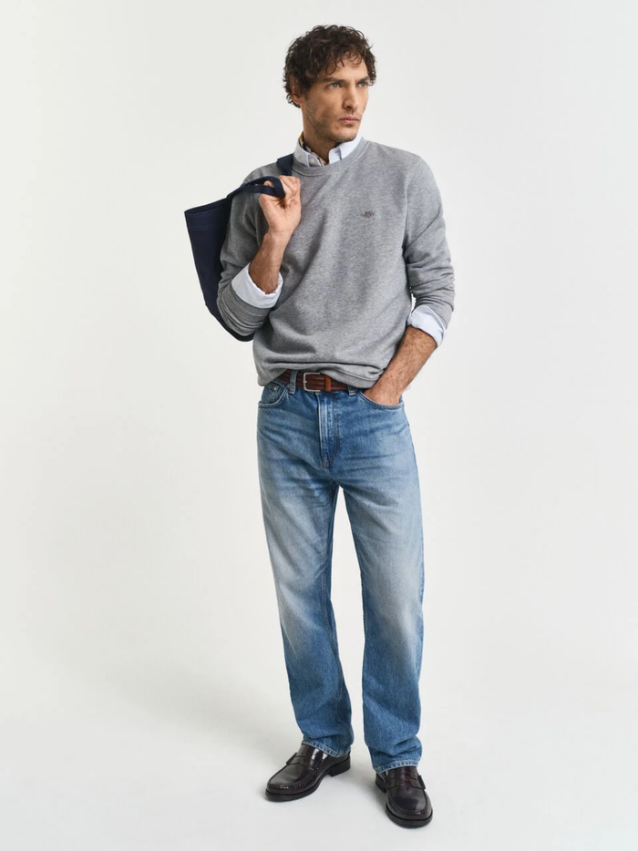 GANT Shield Crew Neck Sweatshirt Grey Melange - MAISONDEFASHION.COM