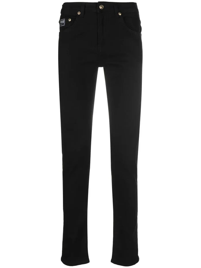 VERSACE MEN Gold Logo Patch Denim Jeans Black - MAISONDEFASHION.COM