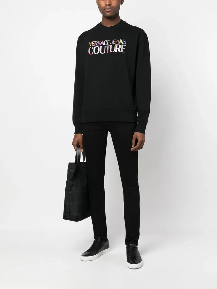 VERSACE MEN Gold Logo Patch Denim Jeans Black - MAISONDEFASHION.COM