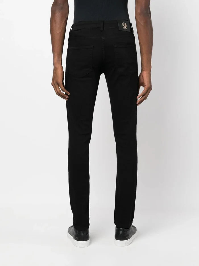 VERSACE MEN Gold Logo Patch Denim Jeans Black - MAISONDEFASHION.COM