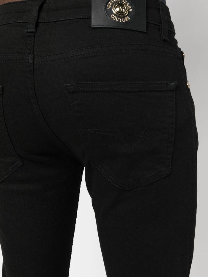 VERSACE MEN Gold Logo Patch Denim Jeans Black - MAISONDEFASHION.COM