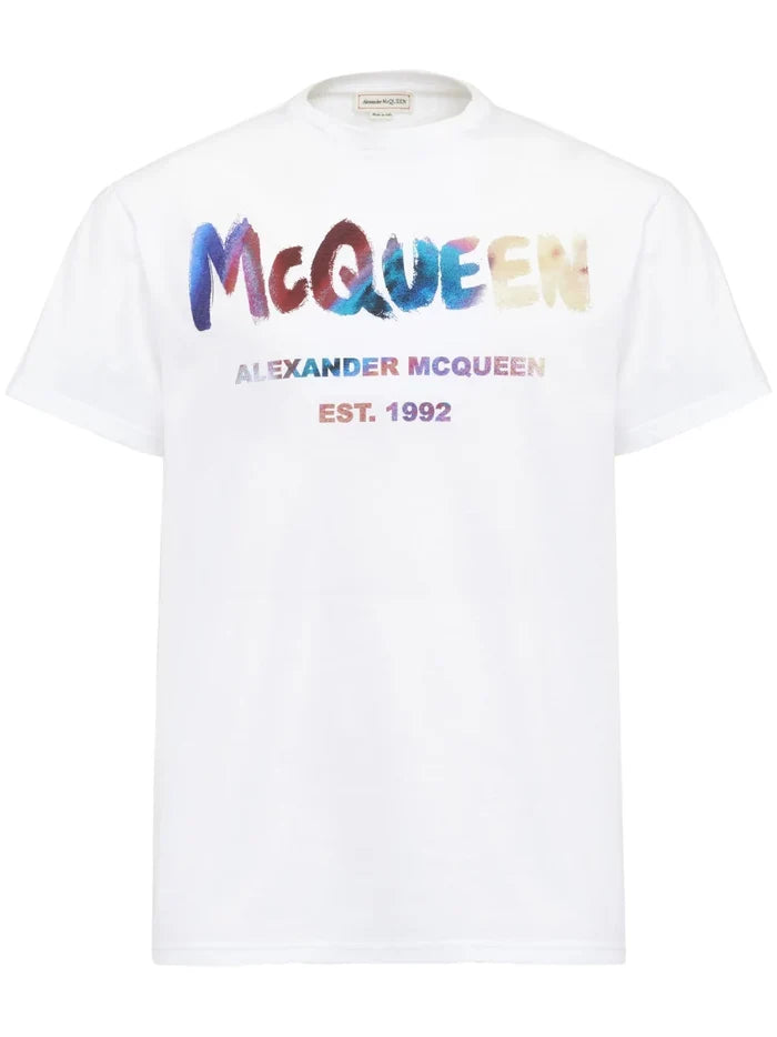ALEXANDER MCQUEEN MEN Graffiti Logo Multi Print T-Shirt White - MAISONDEFASHION.COM