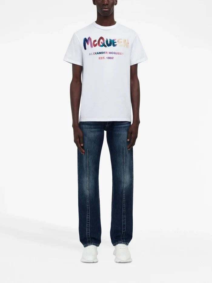 ALEXANDER MCQUEEN MEN Graffiti Logo Multi Print T-Shirt White - MAISONDEFASHION.COM