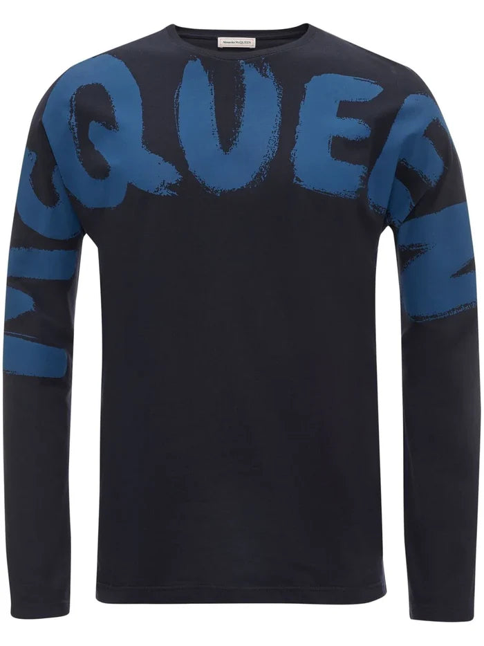 ALEXANDER MCQUEEN Graffiti Logo-Print Long Sleeve T-shirt Navy/Blue - MAISONDEFASHION.COM