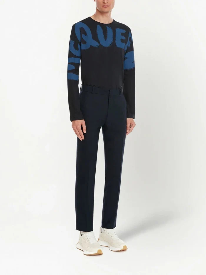 ALEXANDER MCQUEEN Graffiti Logo-Print Long Sleeve T-shirt Navy/Blue - MAISONDEFASHION.COM
