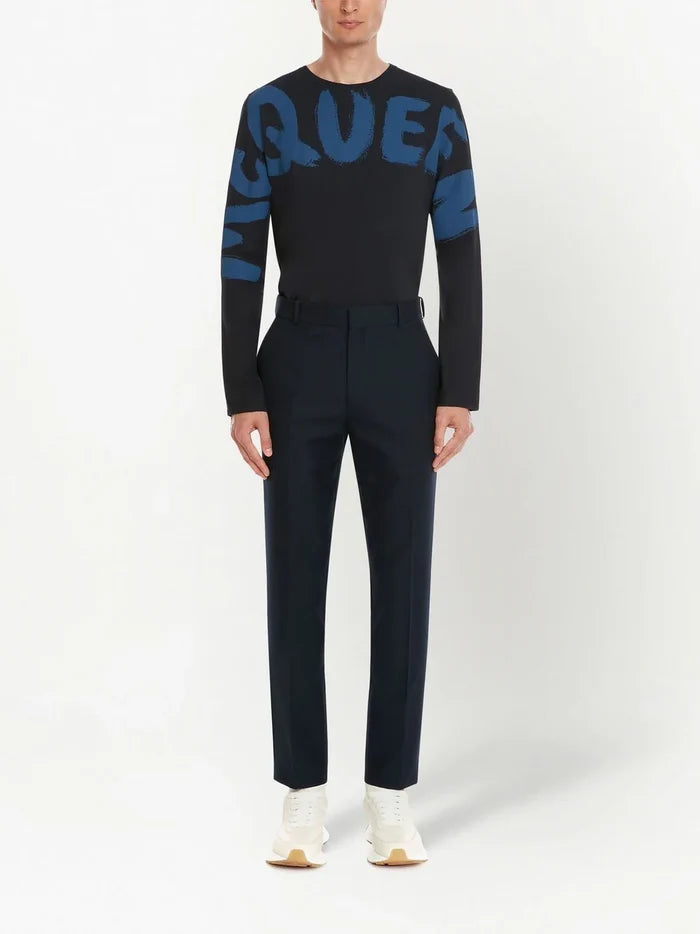 ALEXANDER MCQUEEN Graffiti Logo-Print Long Sleeve T-shirt Navy/Blue - MAISONDEFASHION.COM