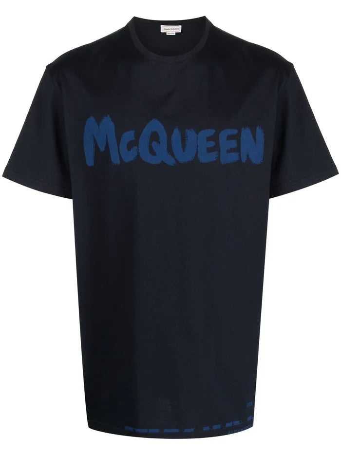 ALEXANDER MCQUEEN Graffiti Logo-Print T-shirt Navy/Blue - MAISONDEFASHION.COM