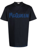 ALEXANDER MCQUEEN Graffiti Logo-Print T-shirt Navy/Blue - MAISONDEFASHION.COM