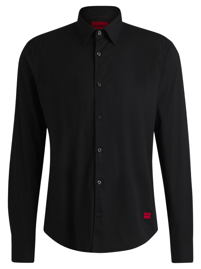 HUGO Ermo Slim-Fit Shirt In Stretch-Cotton Canvas Black - MAISONDEFASHION.COM