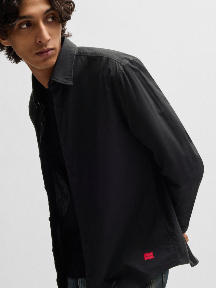 HUGO Ermo Slim-Fit Shirt In Stretch-Cotton Canvas Black - MAISONDEFASHION.COM
