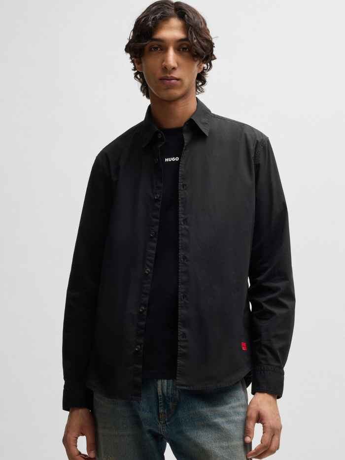 HUGO Ermo Slim-Fit Shirt In Stretch-Cotton Canvas Black - MAISONDEFASHION.COM