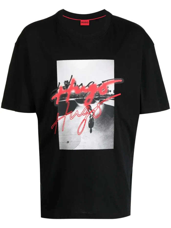 HUGO Graphic-print cotton T-shirt Black - MAISONDEFASHION.COM