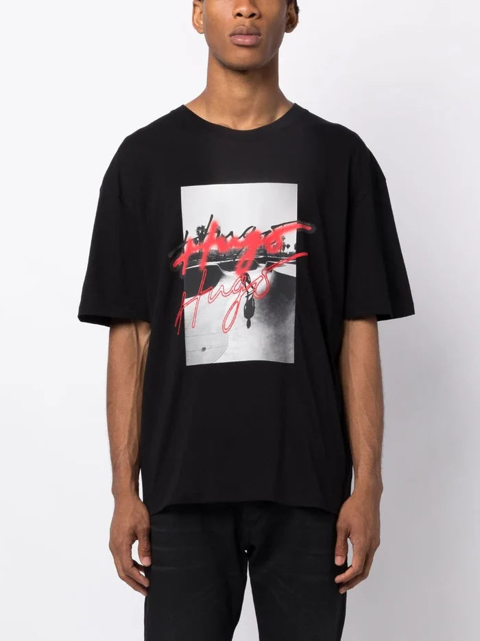 HUGO Graphic-print cotton T-shirt Black - MAISONDEFASHION.COM