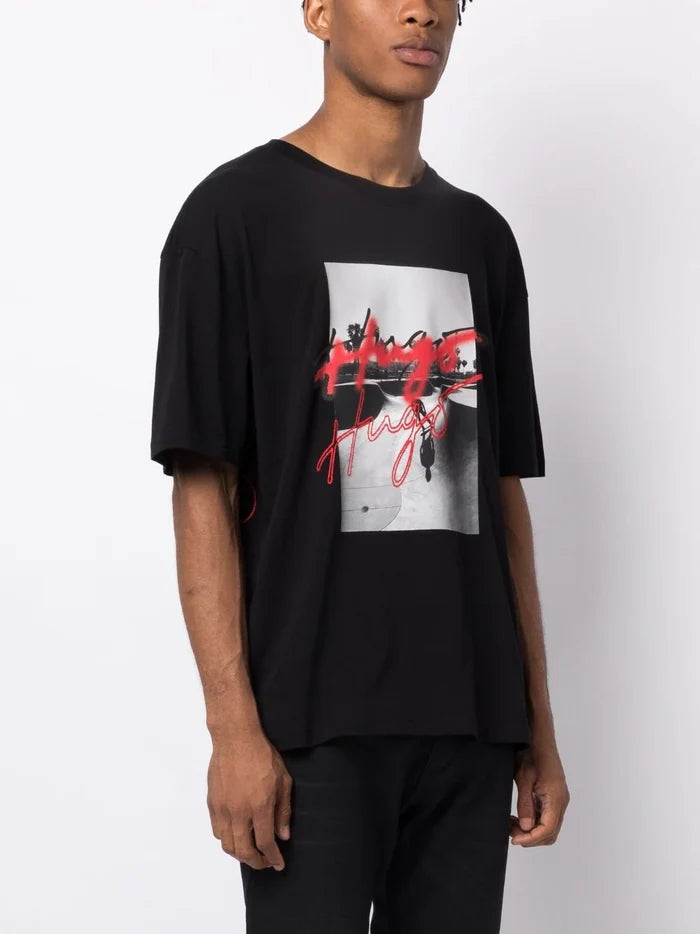 HUGO Graphic-print cotton T-shirt Black - MAISONDEFASHION.COM