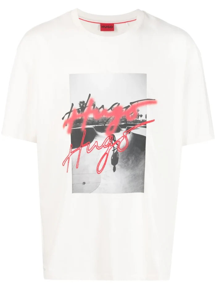 HUGO Graphic-print T-shirt Beige - MAISONDEFASHION.COM