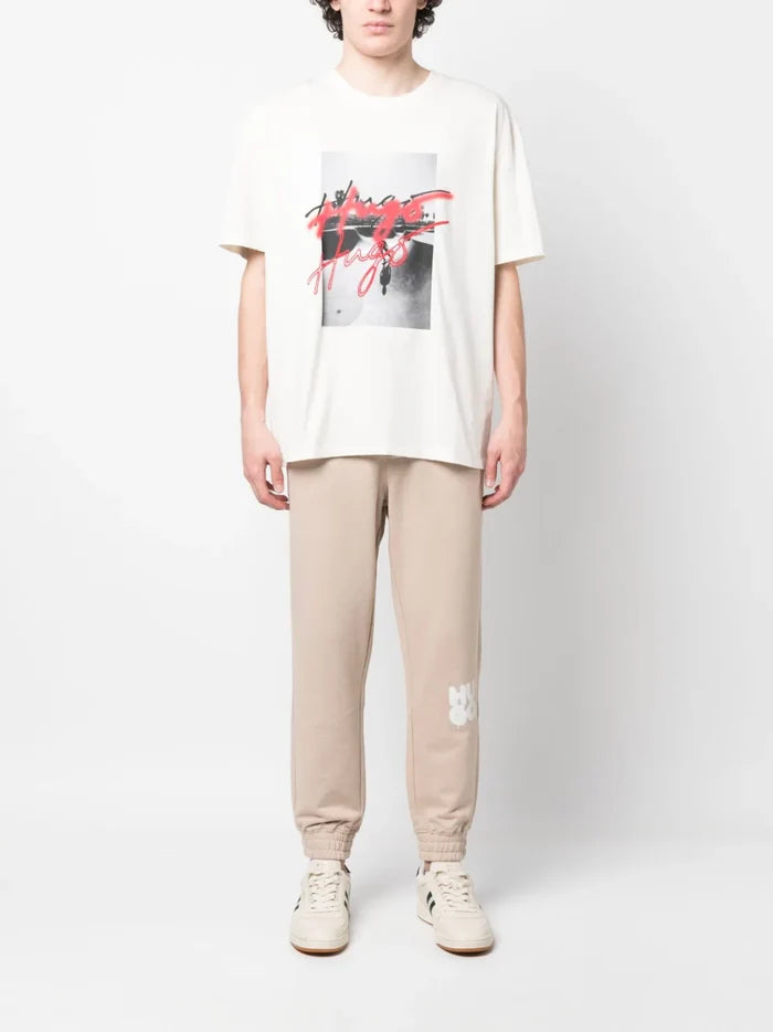 HUGO Graphic-print T-shirt Beige - MAISONDEFASHION.COM