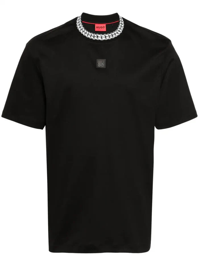HUGO Interlock Cotton T-Shirt With Chain Print Collar Black - MAISONDEFASHION.COM