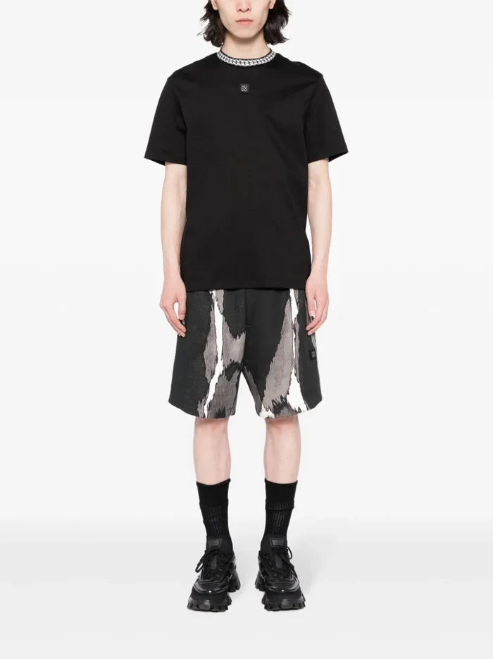 HUGO Interlock Cotton T-Shirt With Chain Print Collar Black - MAISONDEFASHION.COM