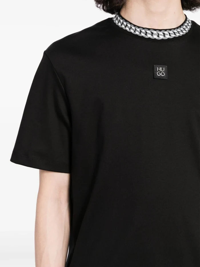 HUGO Interlock Cotton T-Shirt With Chain Print Collar Black - MAISONDEFASHION.COM