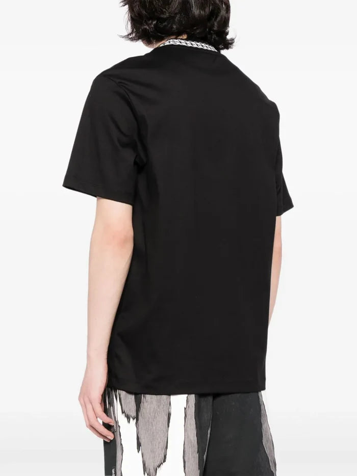 HUGO Interlock Cotton T-Shirt With Chain Print Collar Black - MAISONDEFASHION.COM