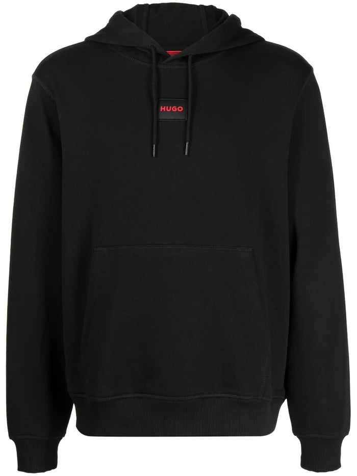 HUGO Logo-patch Detail Hoodie Black - MAISONDEFASHION.COM