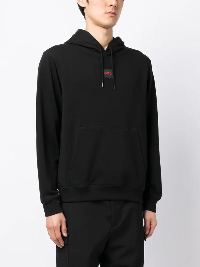 HUGO Logo-patch Detail Hoodie Black - MAISONDEFASHION.COM