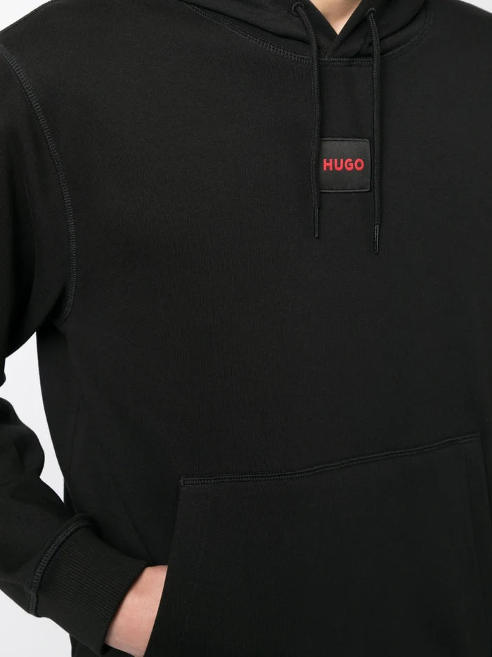 HUGO Logo-patch Detail Hoodie Black - MAISONDEFASHION.COM