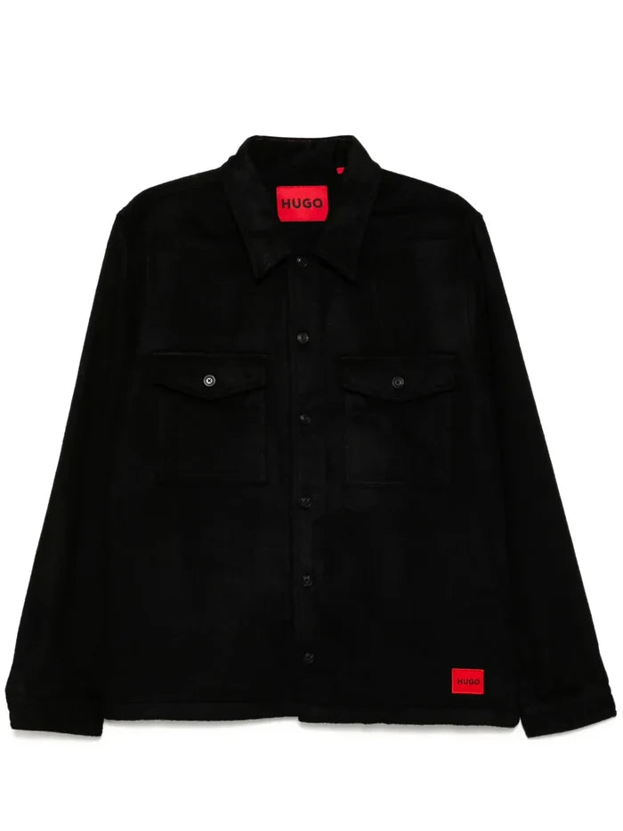 HUGO Logo-Patch Long Sleeves Enalu Oversized-fit Shirt Black - MAISONDEFASHION.COM